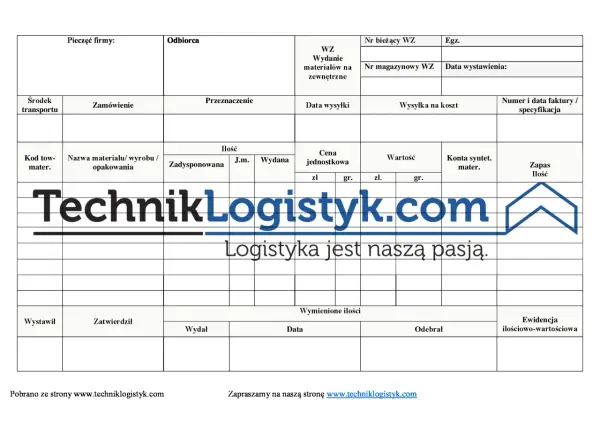 Formularz WZ (wydanie zewnętrzne) z danymi firmy TechnikLogistyk.com. Zawiera pola na dane odbiorcy, materiału, ilości, ceny i kosztów wysyłki.